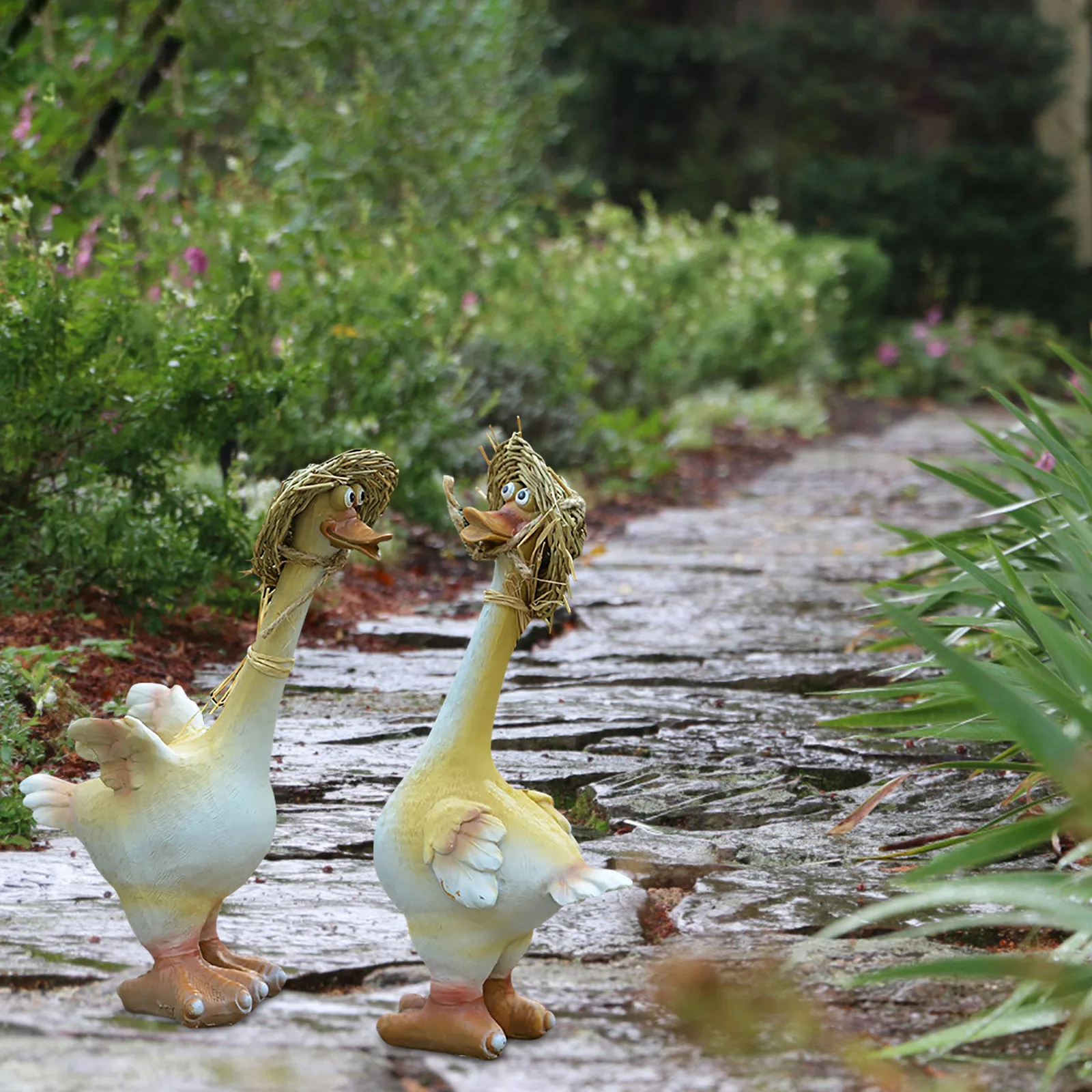 Creative Garden Sculpture Fun Straw Hat Resin And Idyllic Duck Couple Animal Personality Design Craft Decoration #30 | Дом и сад