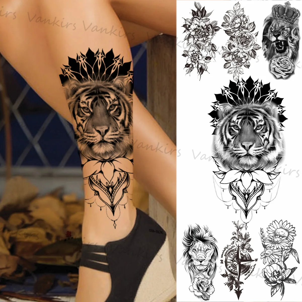 

Временные татуировки с черным тигром для женщин и девушек, Лев, компас, роза, солнце, цветок, искусственная татуировка, наклейка, искусственн...