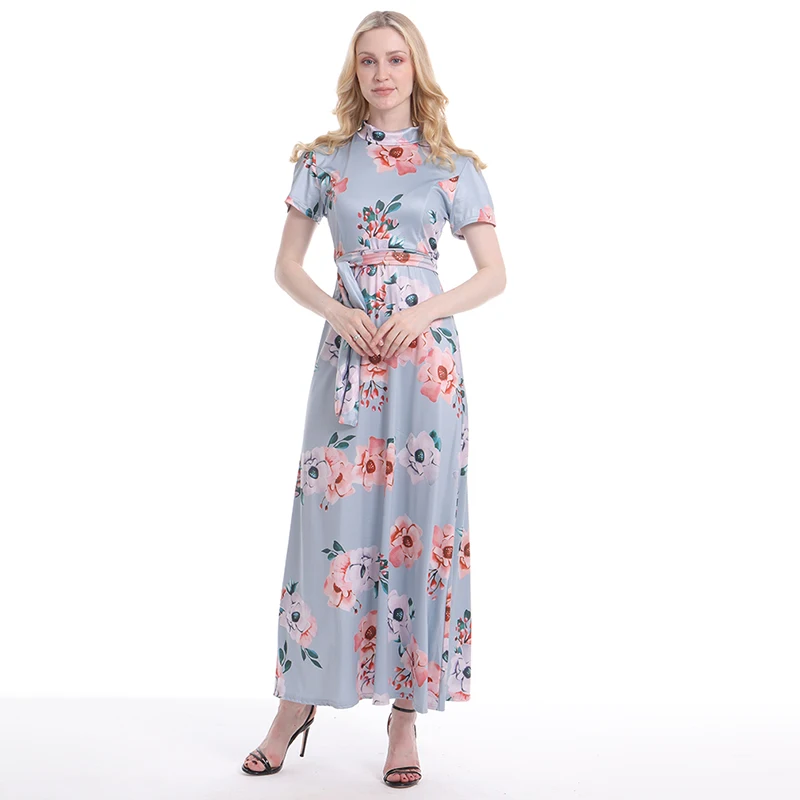 

Floral Print Long Dress High Waist Short Sleeve Women Long Maxi Dress Belt Casual Flower Dresses 2020 New
