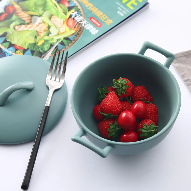 Матовая Трехцветная керамическая миска с крышкой матовая двойная для ушей в