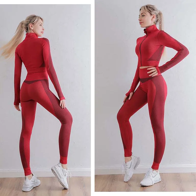 

Gym Woman Tracksuit Yoga Set Sports Workout Clothing Zipper Long Sleeve High Waist Running Leggings Bra Seamless Fitness Suits