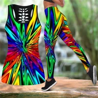 hippie trippy color lover combo outfit leggings and hollow out tank top suit yoga fitness soft legging summer women for girl