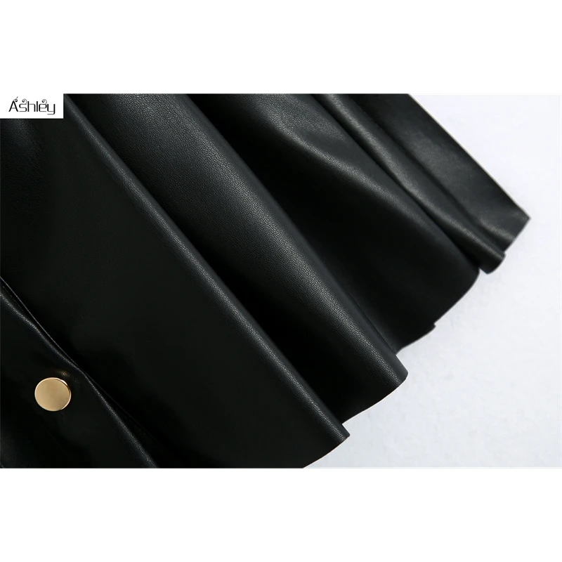 

Ashley Fashion artificial leather women's Skirt Striped button A-line short skirt High Street Black Leather Skirt autumn