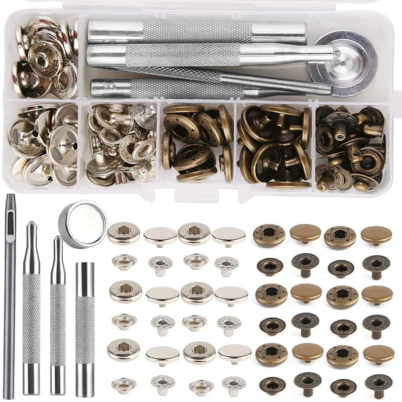 

KAOBUY 85 PCS Leather Snap Fasteners Kit 10mm 15mm Metal Button Snaps Press Studs 4 Installation Tools Leather Snaps for Clothes