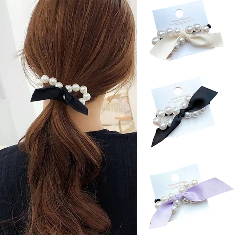

Big Pearls Hair Rope For Women Girl Headwear Bows Hairband Scrunchies Sweet Ponytail Hair Band Headgear Hair Tie Rubber Bands