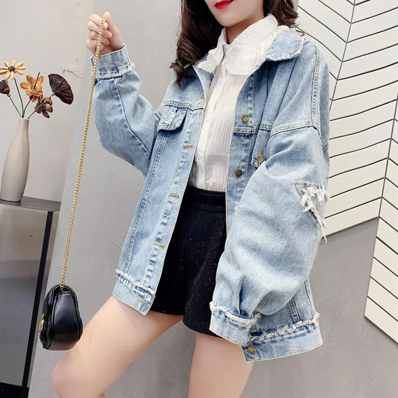 

Fall Denim Wash FrayedCoat Women Long Slleve Jean Jacket 2021 New BF Style Casual Loose Denim Jackets Soild Oversize Outerwear