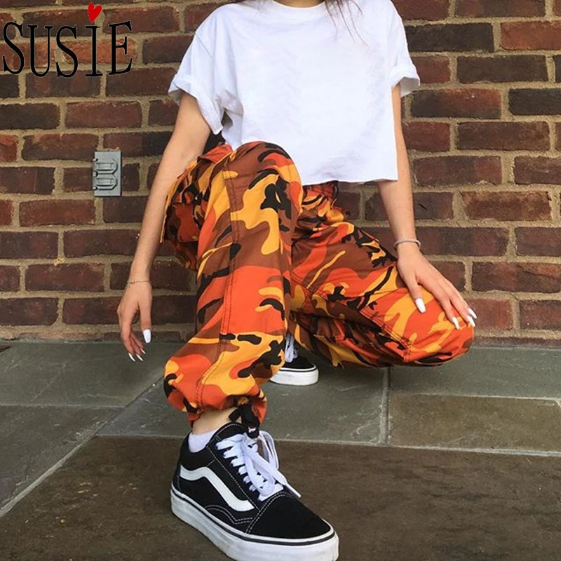 Штаны-шаровары джинсовые эластичные камуфляжные брюки-карго с высокой талией