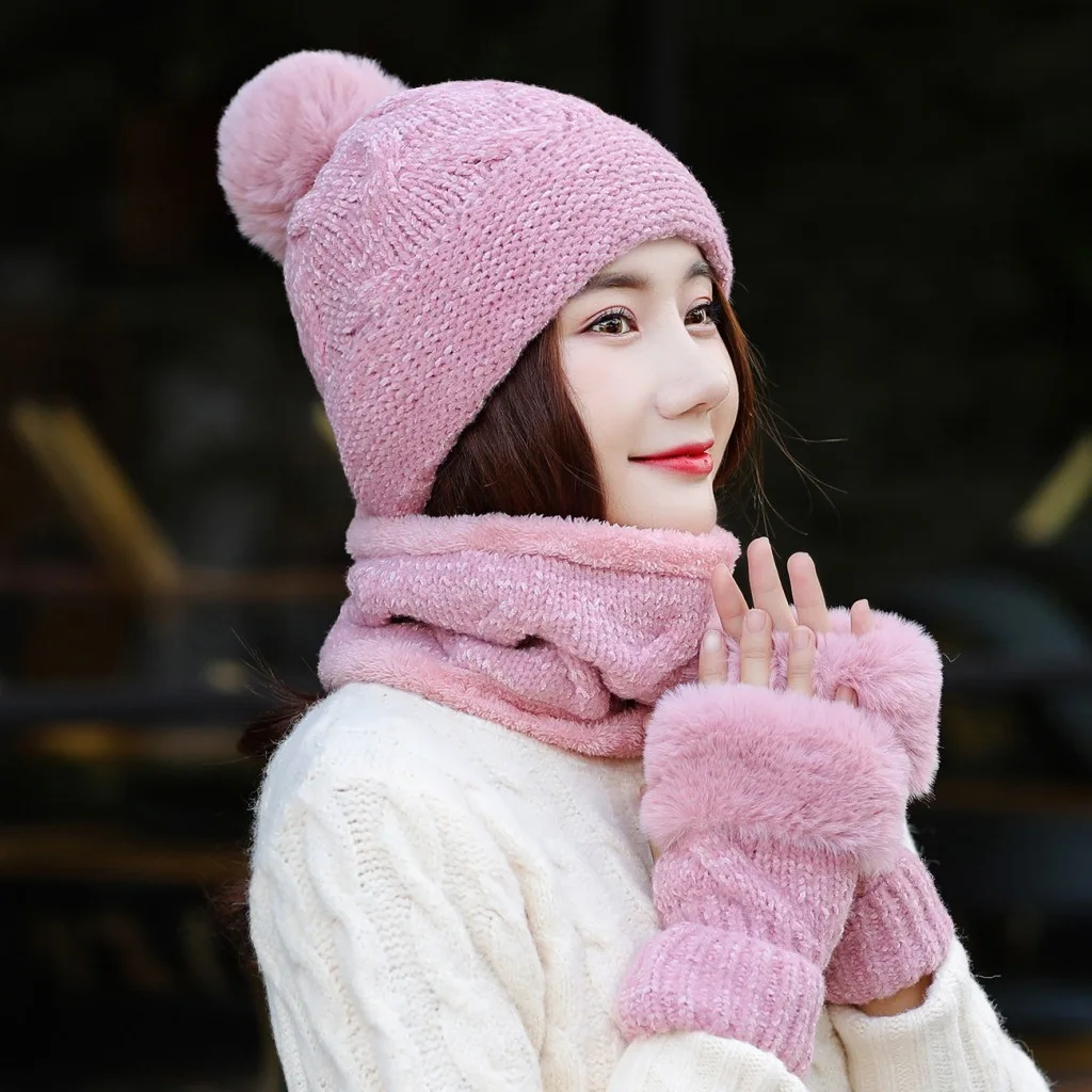 Hat Women's Winter Bib Gloves Three Piece Set Korean Casual Versatile Plush Lovely Chenille Knitted | Аксессуары для одежды