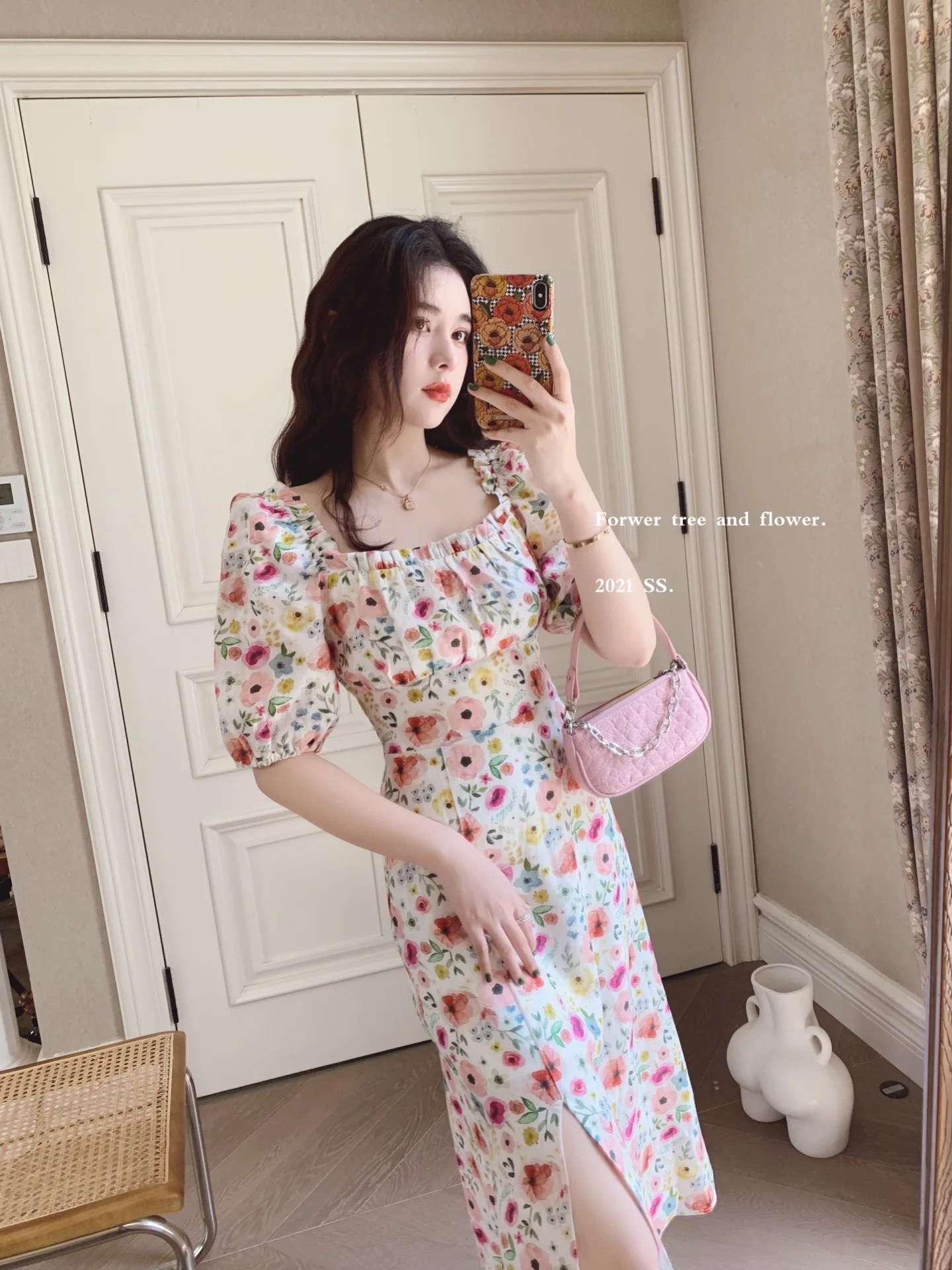 

Summer Fashion Boho Blue Elegant Floral Print Fungus Square Collar Women Vintage Puff Sleeve A-Line Beach Party Vestidos