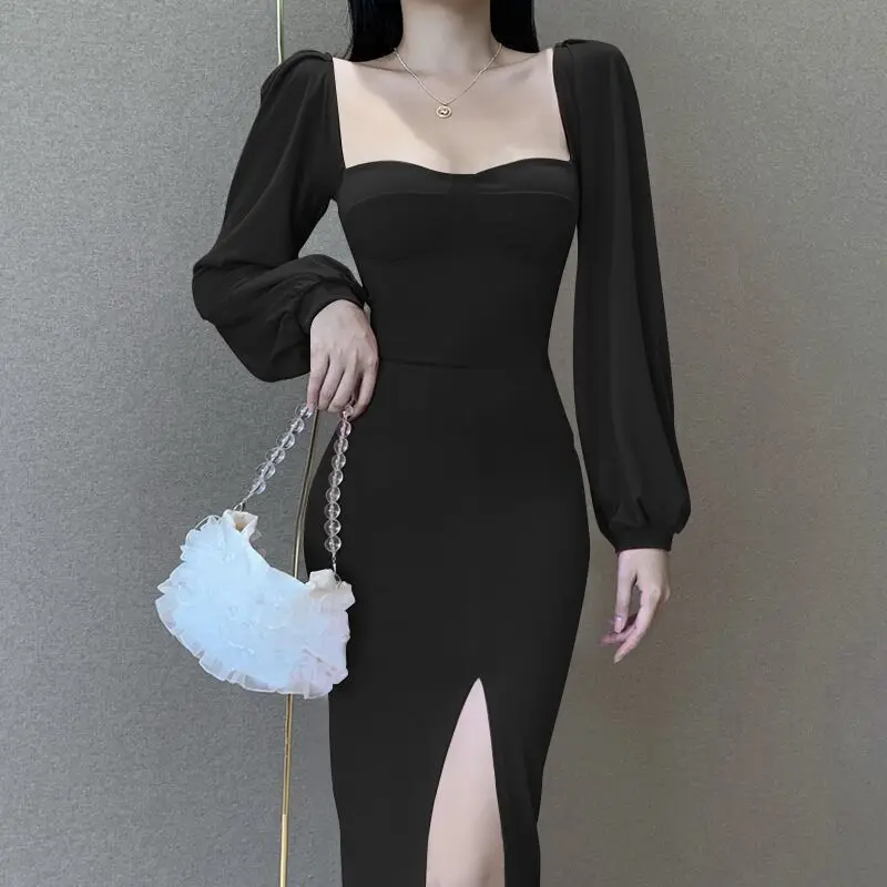 

Retro court style bubble sleeve dress women's fashion design temperament split skirt