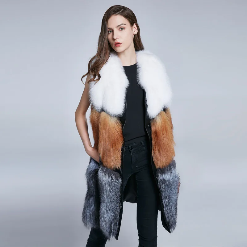 High Quality Winter Warm Thick Fox Hair Fur Coats Vest Jacket Middle Length Fashion Contrast Color Slim Overcoats for Women enlarge