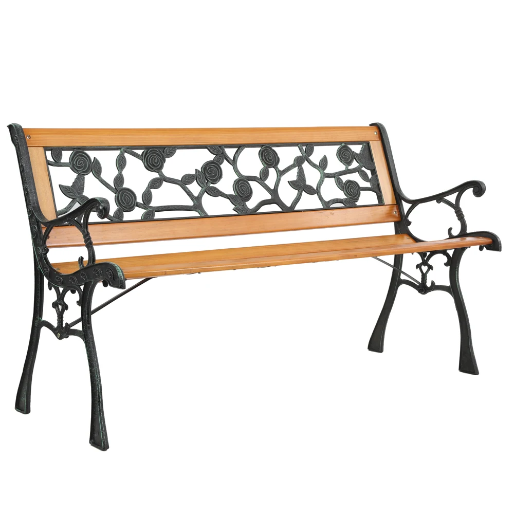 

49" Garden Bench Patio Porch Chair Deck Hardwood Cast Iron Love Seat Rose Style Back