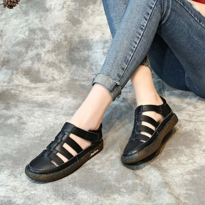 

BEYARNE Summer Round Head Fashion Sandals Women Genuine Leather Shoes Comfortable Sandals Women Flat Sandals Wear Casual Sandal