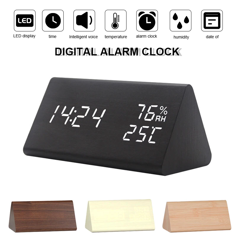 Цифровой Деревянный Будильник светодиодный дисплей голосовое управление USB