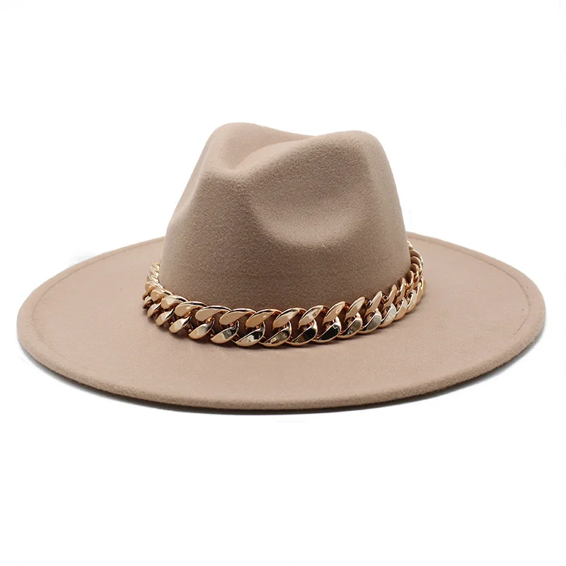 

New style autumn and winter big eaves hat thick chain flat edge top hat men's and women's Woolen jazz hat