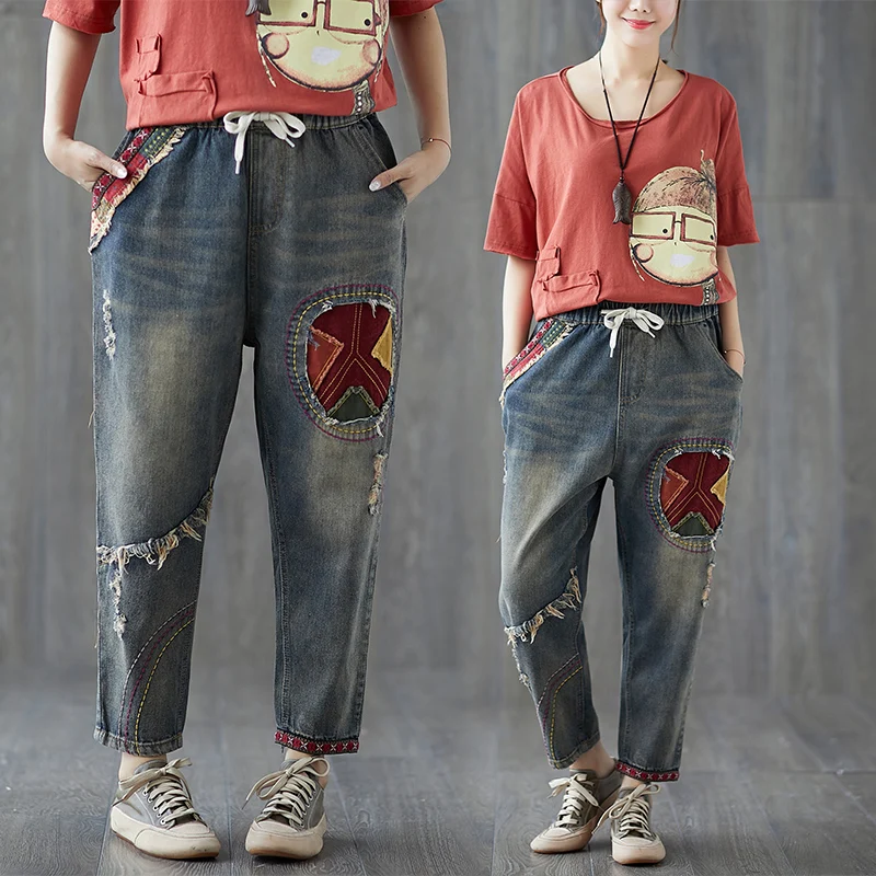 

6392 Women Hole Jeans High Waist Drawstring National Characteristics Patchwork Chic Streetwear Elegant Loose Scratch Denim Pants