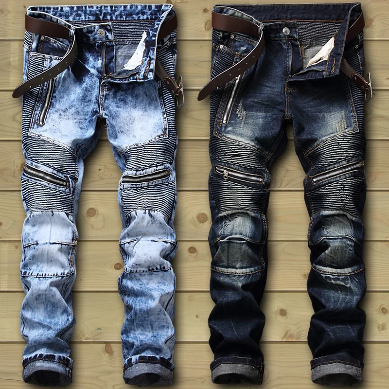 2021 Spring New Brand Fashion Designer Men's Jeans Slim Fit Straight Tube Pleated Zipper Holes Punk Denim Jeans Moto Pants