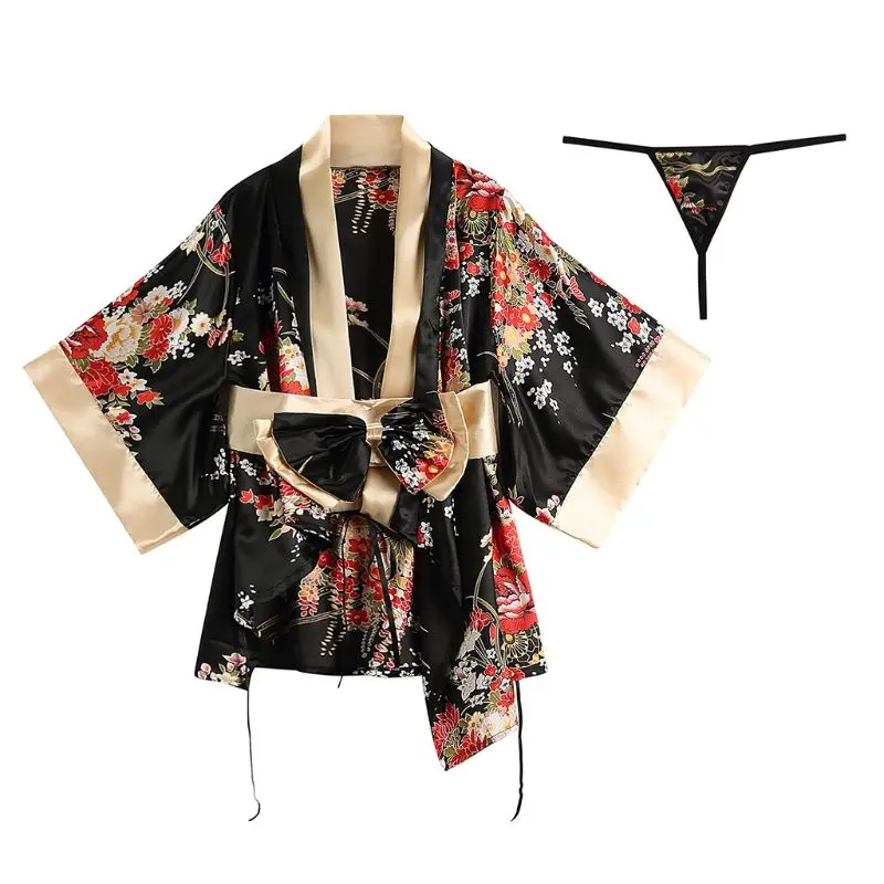 

Women Sexy Lingerie Set Traditional Japanese Kimono Floral Robe Yukata Anime Cosplay Uniform Bowknot Waistband Nightgown