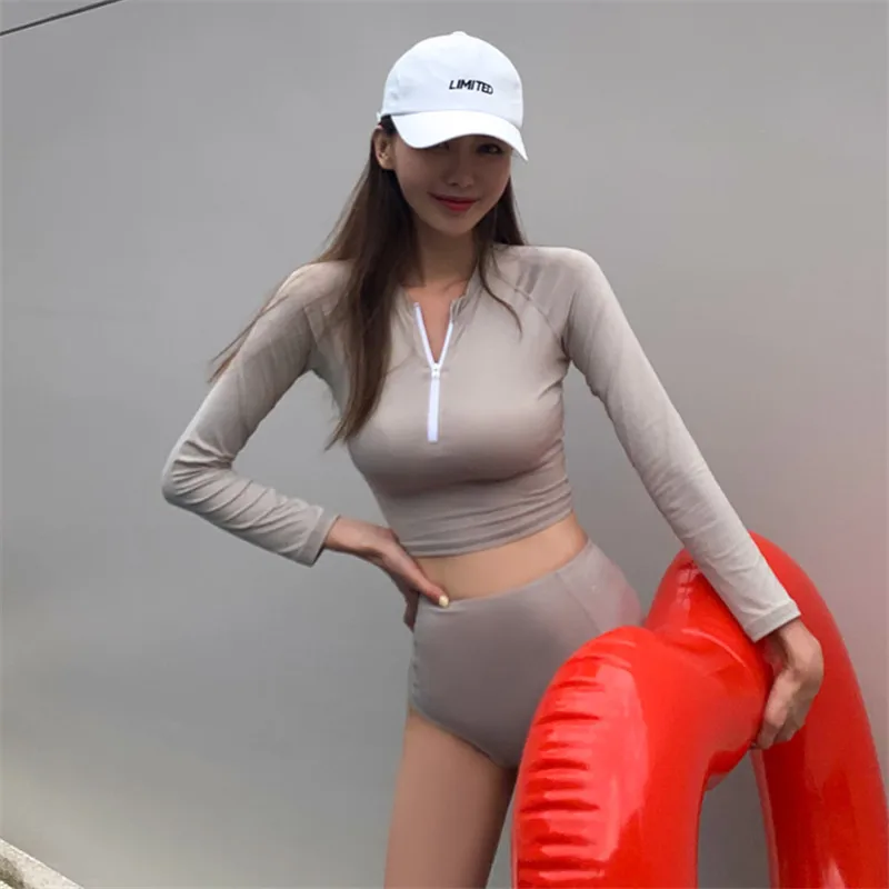 

Новинка 2021, консервативный облегающий купальник в южнокорейском стиле с длинными рукавами и молнией, Женский облегающий пузырьковый купал...