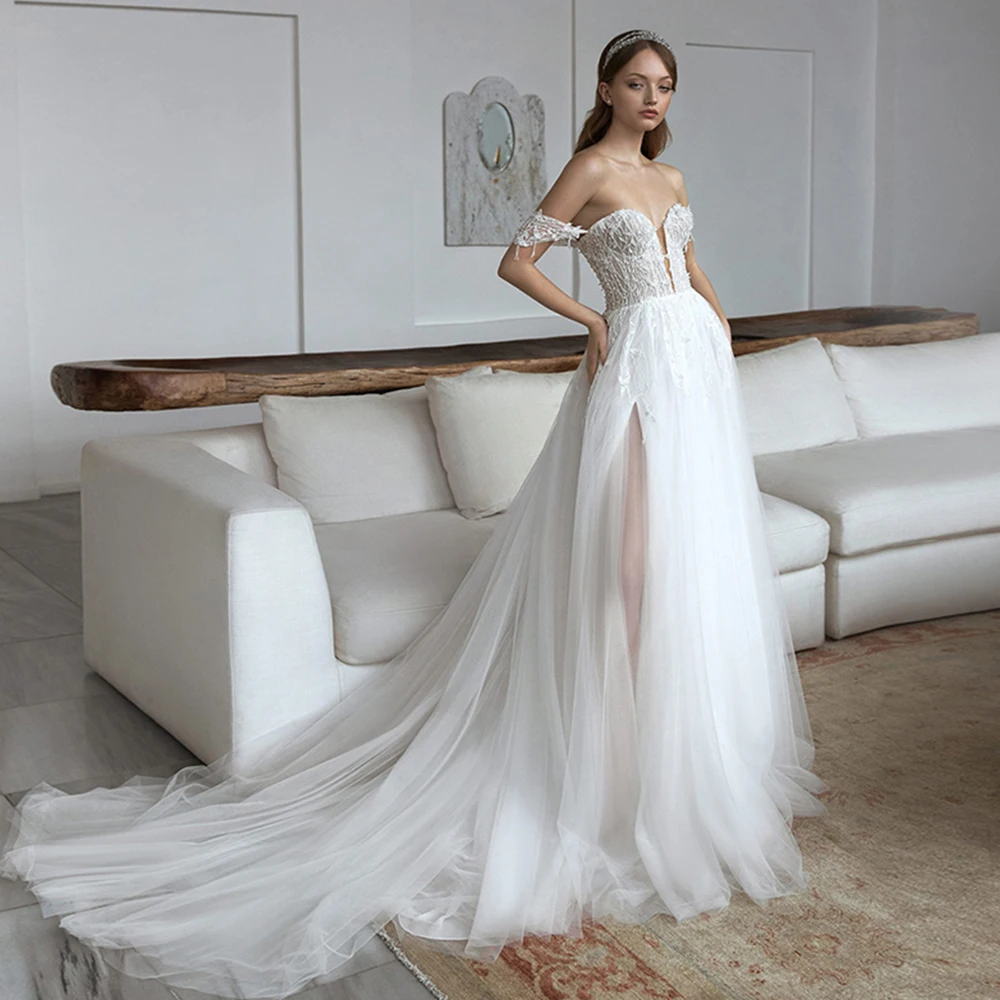 

A-Line Deep V-Neck Wedding Dress Tulle Off Shoulder Pleat Zipper Back Beading Sweep Train 2021 Bride Gowns Vestido De Noiva