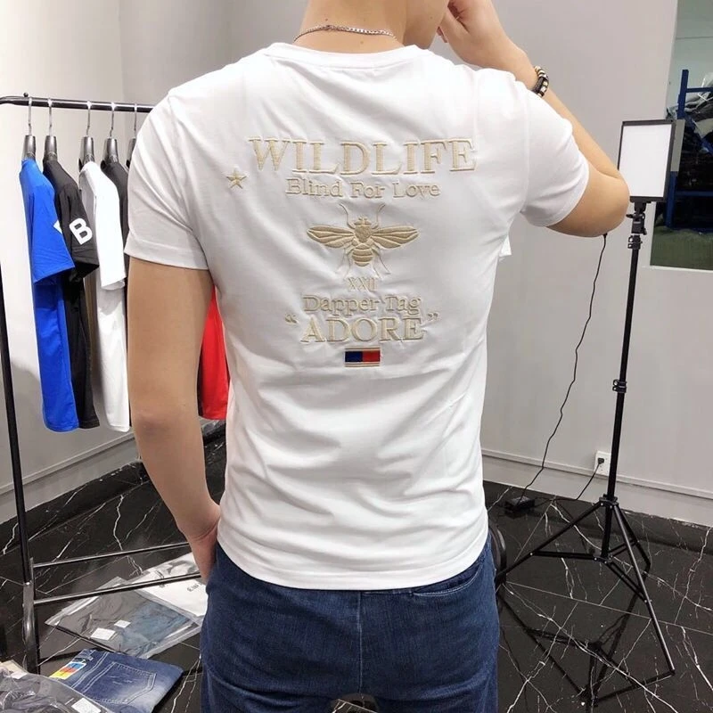 

Short Sleeve T-shirt Men's Embroidery Bee 2021 Summer New Leisure Korean Handsome Versatile High-Quality Cotton Slim Male Top