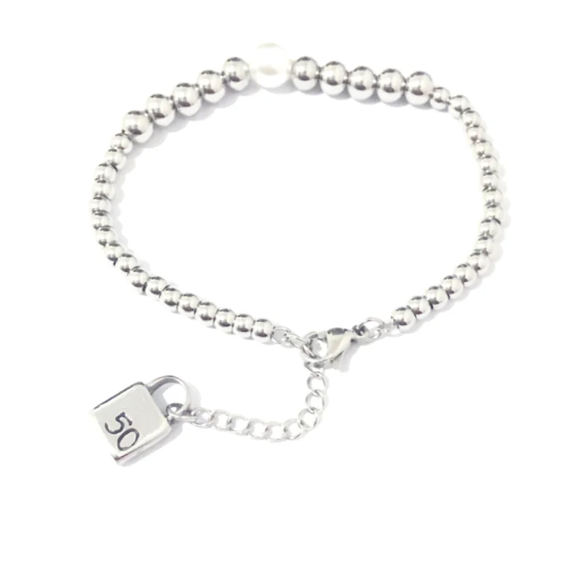 

Fashion Brand Stainless Steel Simple 8mm Bead Chain Pearl Lock Woman Man Bracelet Pendant UNO Jewelry