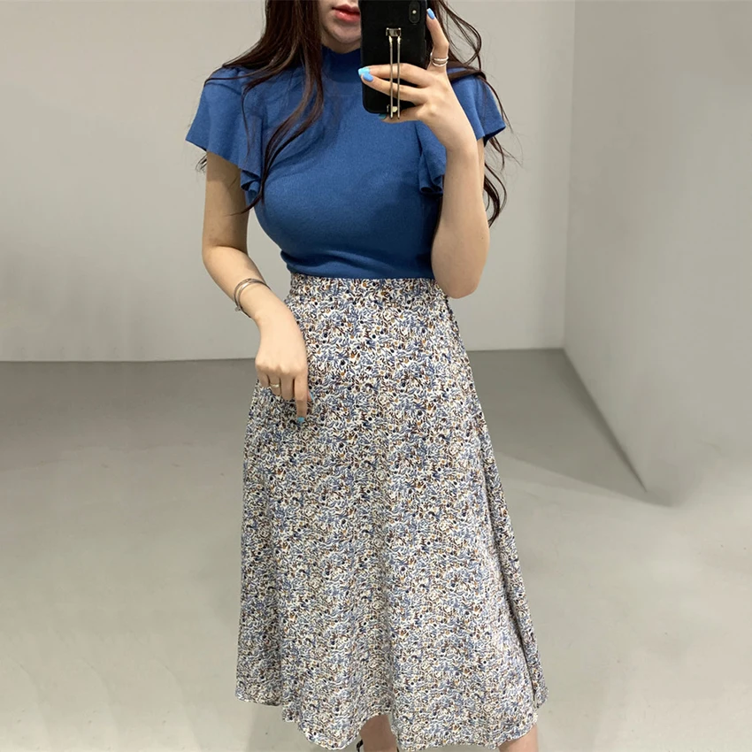 Chic Style 2 Piece Skirt Set Women Puff Sleeve Knitted Tops Floral Print High Waist Skirts Womens Two Korean Fashion | Женская одежда