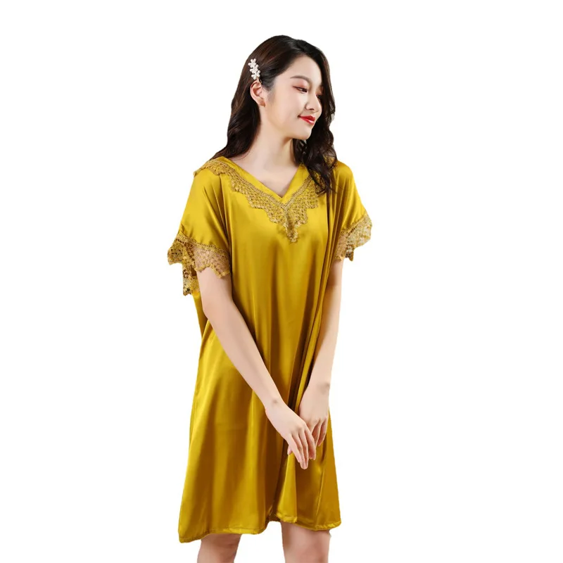 

Women V-neck Sleep Dress With Lace Satin Nightgown Casual Sleepwear Home Dressing Gown Loose Home Clothes Intimate Lingerie