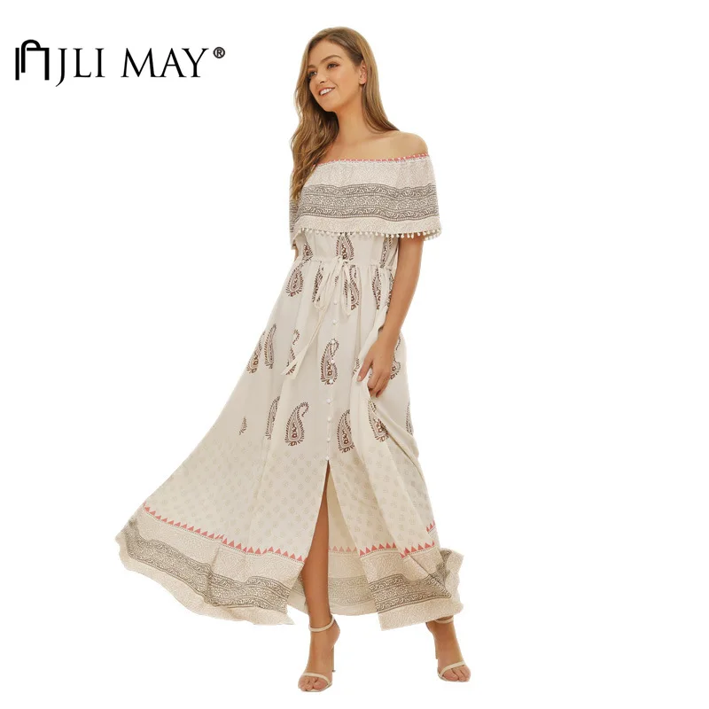 

JLI MAY Women's Bohemian Dress Chiffon Print Off the Shoulder Slash neck Single Breasted Empire A-Line Slit Long Dresses