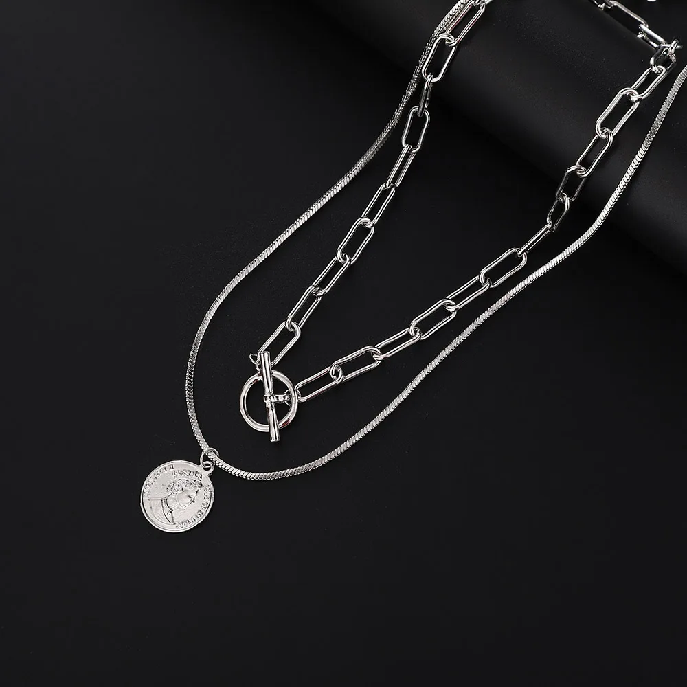 

Coin Shape Character Head Pendant Necklace Double-Layered Alloy Chain Neck Retro Women Girls Jewelry Accessories Character Head