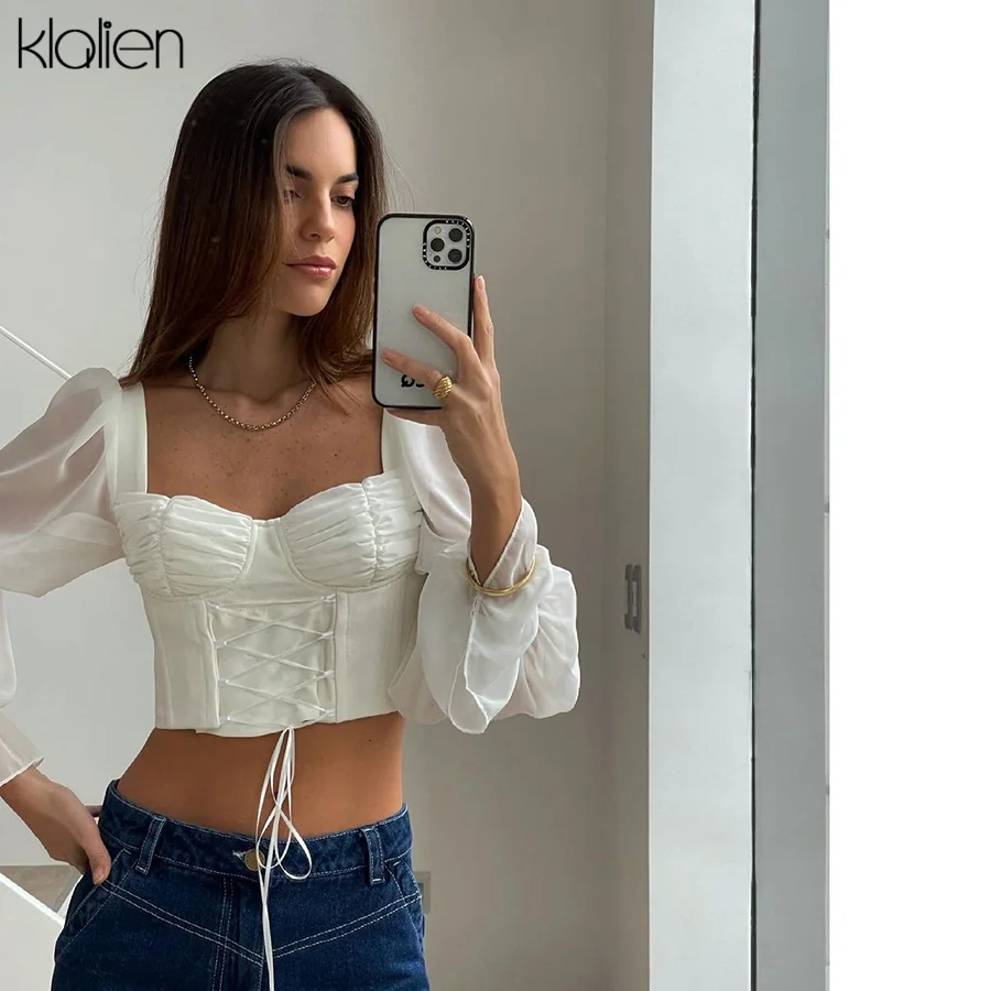 

KLALIEN Женская Модная элегантная офисная блузка с пышными рукавами и квадратным воротником женские блузки однотонная белая бандажная женска...