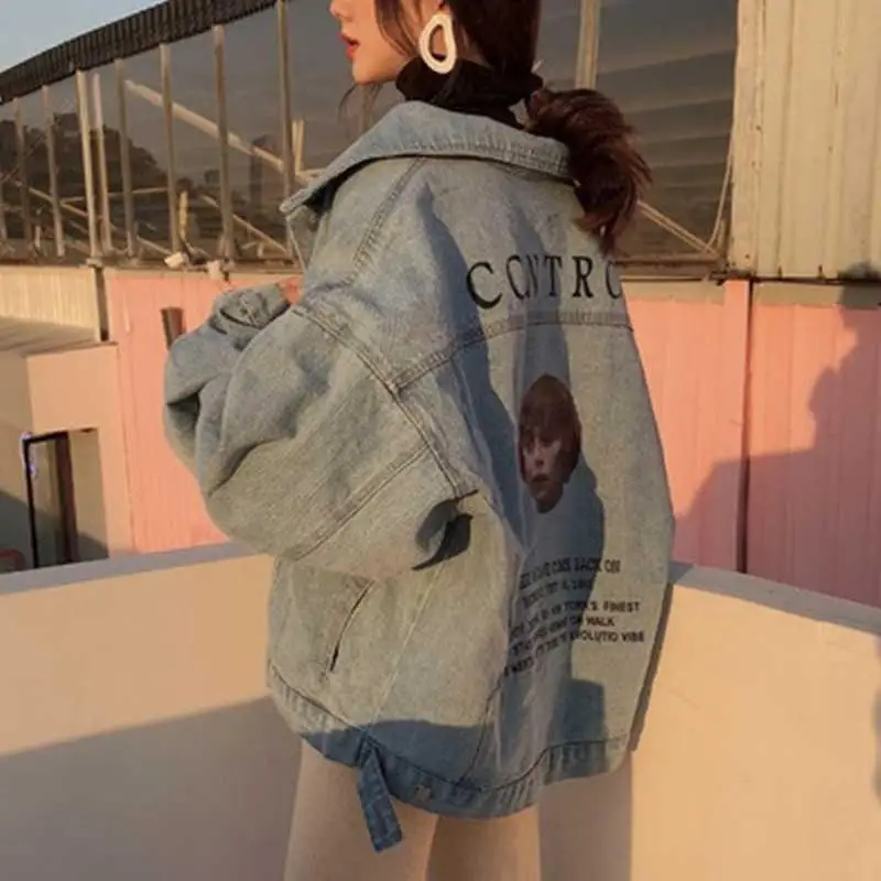 

Timis Li Loose Jean Jackets Women Casual Retro Coats Solid Turn-down Collar Denim Jacket Jeans Coats Oversize Female Outwear