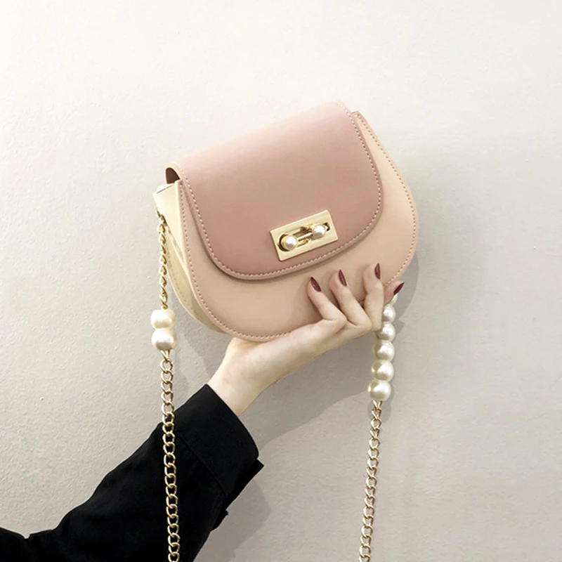 

Korean Shoulder Bag Fashion Quality PU Women Messenger Bag Cute Mini Pink Pearl Chain Saddle Bag Simple Female Crossbody Bag