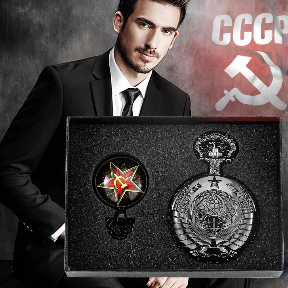 Quartz Watch Pocket Antique Communist Soviet Sickle Hammer Black Pocket Watch Ladies Mens Sickle Necklace Pendant Chain Gift Set