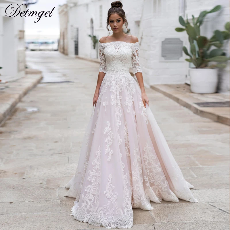 Великолепное свадебное платье Detmgel трапециевидной формы с аппликацией и шлейфом