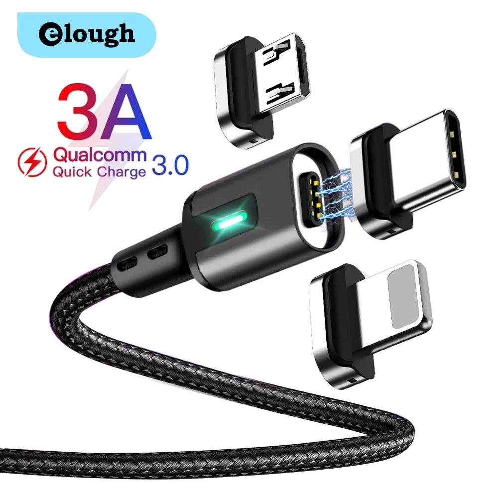 

Магнитный зарядный кабель Elough 3A, кабель для быстрой зарядки Micro USB Type-C, магнитное зарядное устройство для iPhone 11, 12, Xiaomi, магнитный кабель