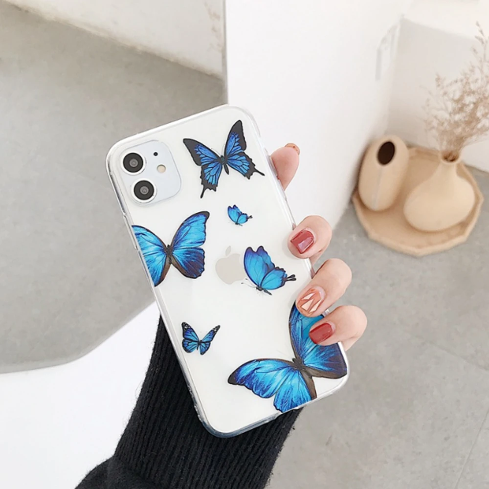 Прозрачный модный синий чехол для телефона с бабочками Apple iPhone 11 Pro XR XS Max X 6 6S7 8 plus