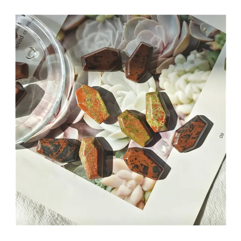 

Best Selling Natural Healing Crystals Carving Crafts Unakite Red Obsidian Coffin For Christmas Decorations