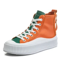 womens orange green splicing style casual sneakers autumn winter new leather platform lace up trendy flats shoes non slip botto