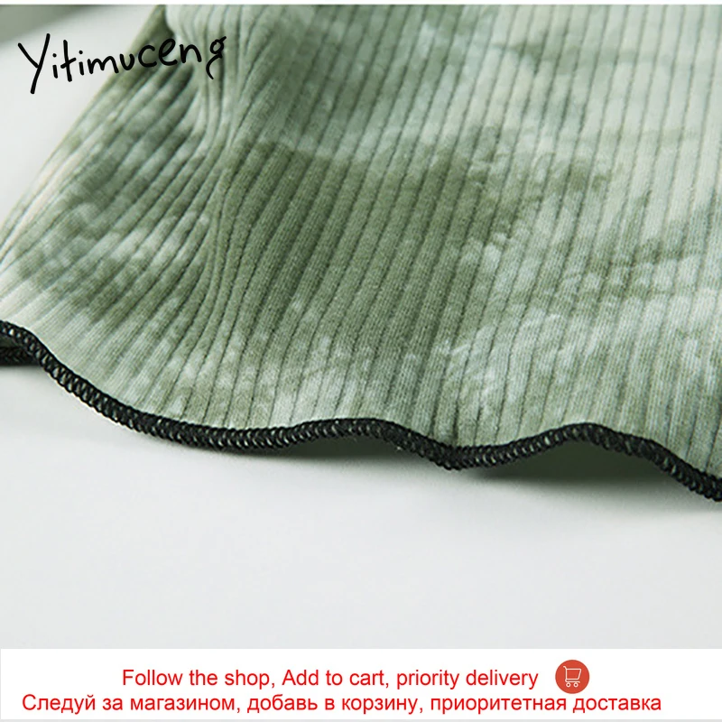 

Yitimuceng Vintage T Shirts For Woman Tie Dye Slim Tees Straight Long Sleeve V-Neck Tops 2021 Spring Summer Fashion New Tshirts