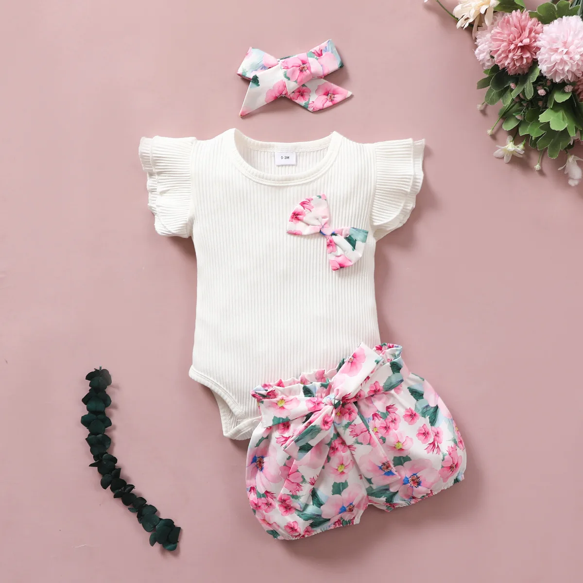 

Baby Girl Clothes Set Summer Newborn Kids Boutique Clothing Wholesale Toddler Girl Outfits Fashion Bow Romper + Print Shorts