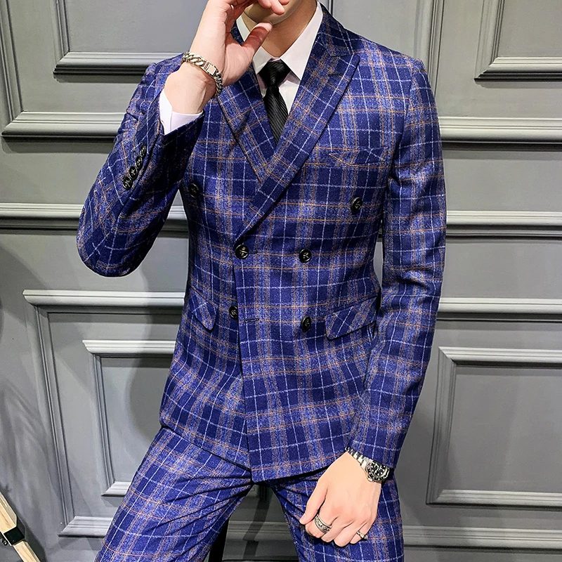 Костюм мужской Клетчатый облегающий Свадебный Дизайнерский жениха комплект из 3