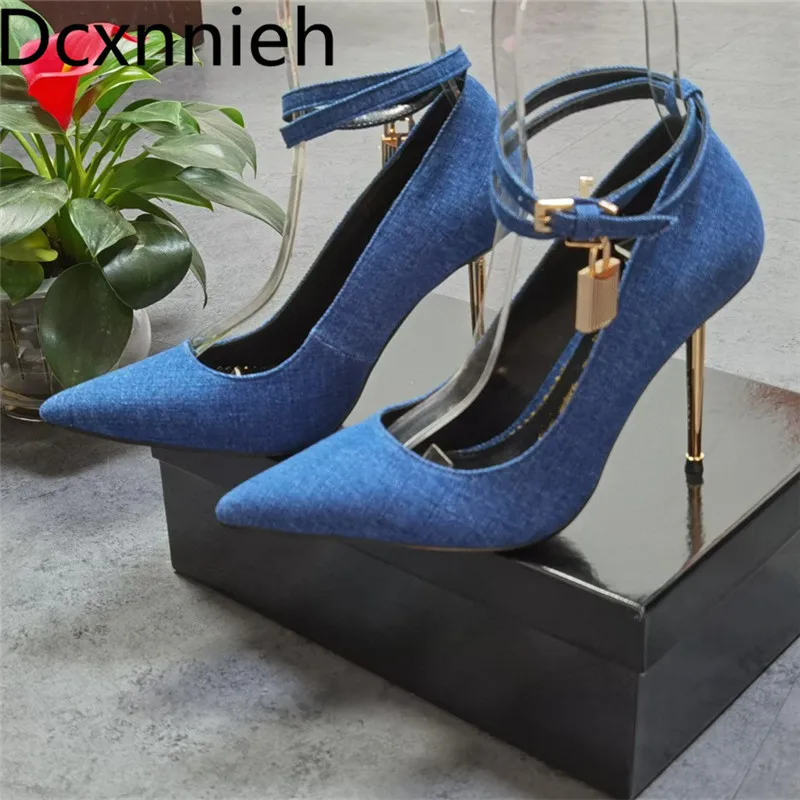 

Spring shoes women metal lock decor pointed toe high heels sexy shallow mouth ankle strap pumps denim T-Show stilettos Woman