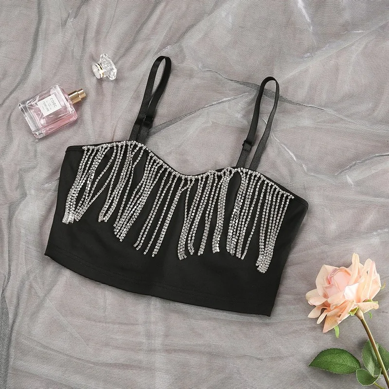 

Diamond Tassel Patchwork Glitter Bustier Tops Party Night Club 2020 Summer Off Shoulder V Neck Shiny Crop Top Black Tank Tops