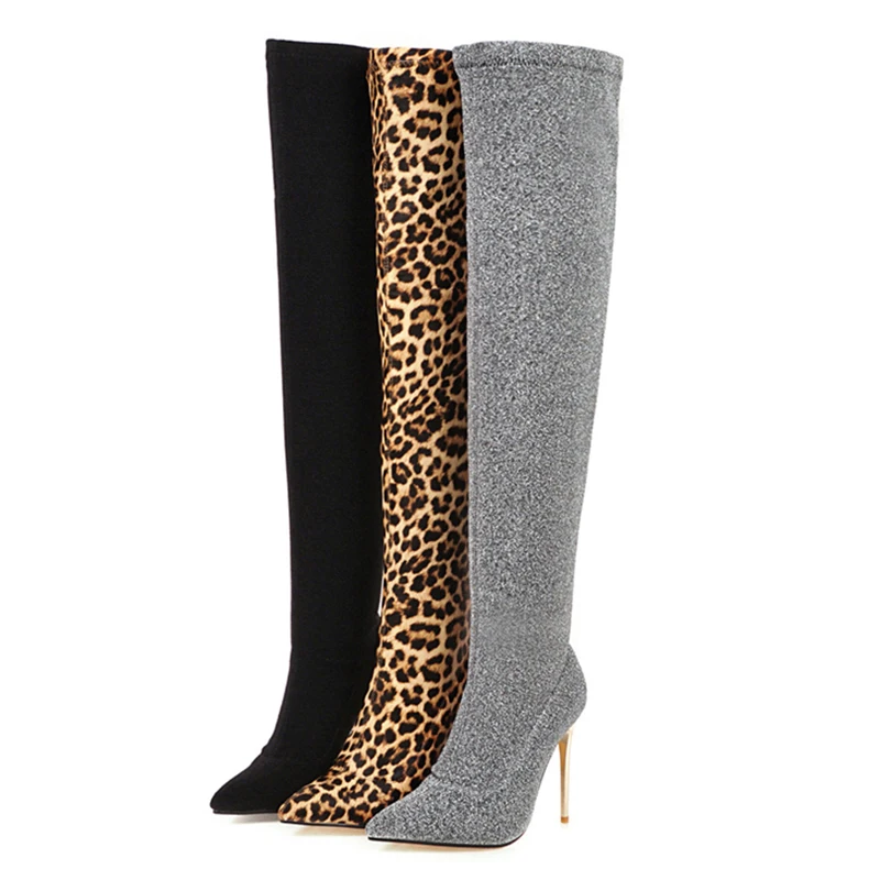 

2021 Women Over The Knee Sock Boots 10cm High Heels Long Winter Stretch Leopard Snow Boots Lady Thigh Stripper Fetish Shoes