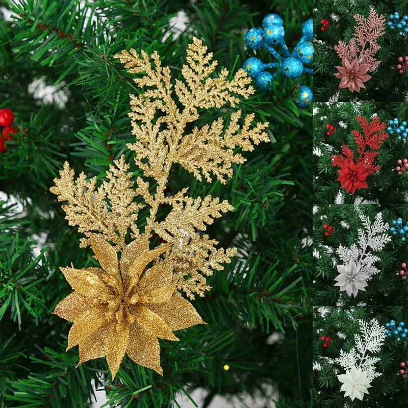 

13cm Christmas Glitter Poinsettia Flower Decorative Xmas Tree Flowers for Wreath Ornaments Wedding Party Spring Festival