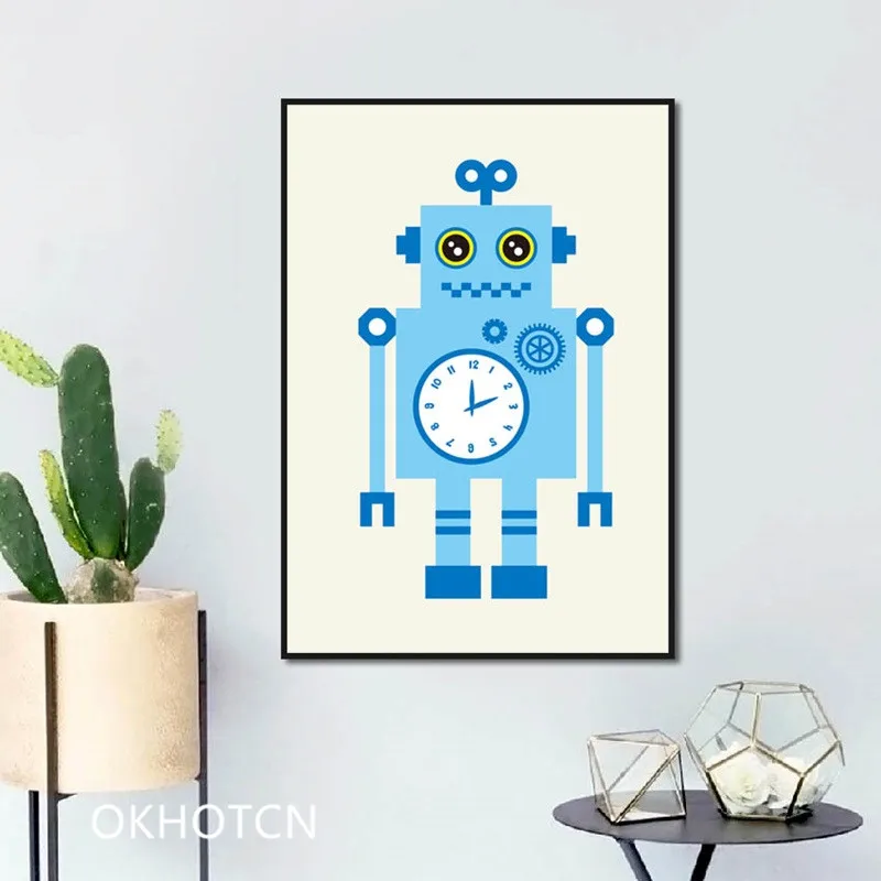 Домашний декор Картина на холсте Мультяшные часы робот белый фон плакаты и