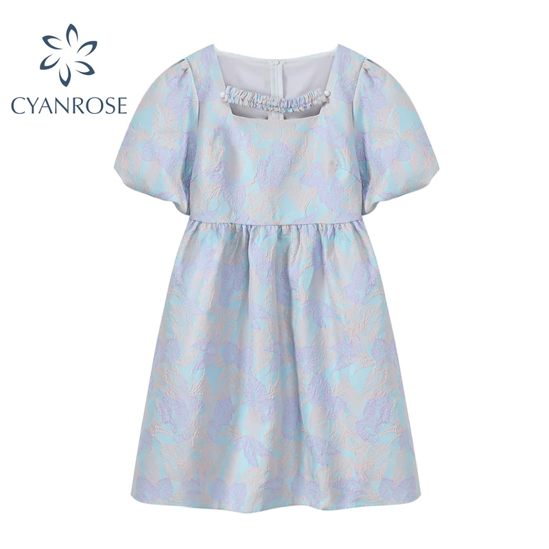 

Loose Sweet Puff Sleeve Girl Puffy Dress 2021 Summer Fashion New French Style Vintage Square Collar High Waist Fairy Dresses