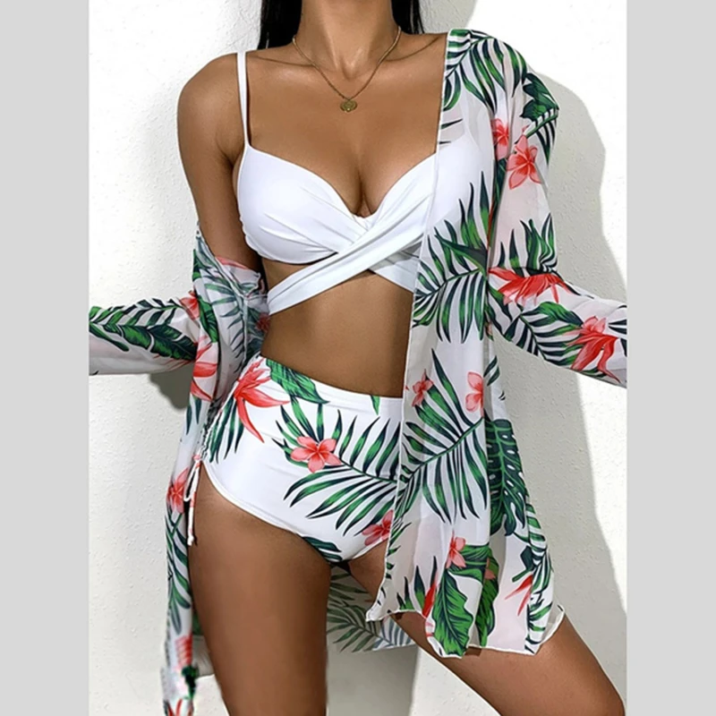 

3pcs Women Leaf Print Three-Piece Suits Floral Printed Swimming Suit For Women Bikini Push-Up Padded Swimwear Swimsuit Beachwear