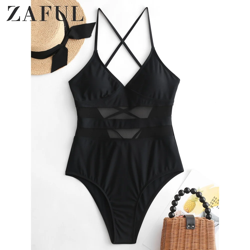 ZAFUL сетчатый слитный купальник на шнуровке лето 2020 с высокой талией Одноцветный